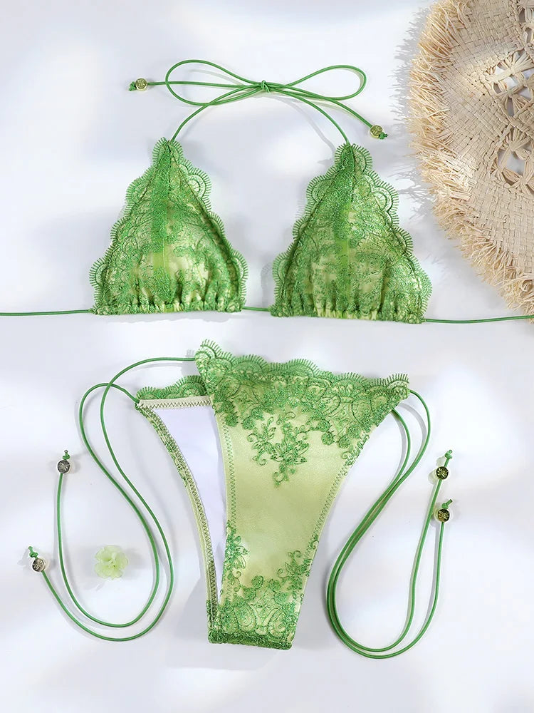 Light Blue Scalloped Lace-Trim Triangle String Bikini