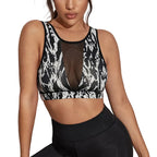 Abstract Print V-Neck Sports Bra with Center Mesh Paneling