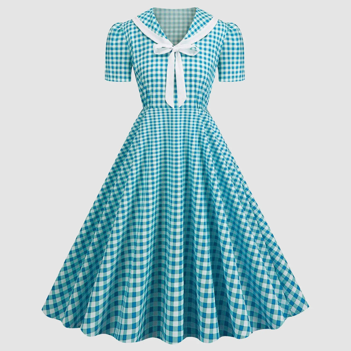 Vintage-Inspired Red Gingham Swing Dress with Contrasting Collar