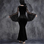 Velvet Gothic Mermaid Dress with Lace Sleeves and Dark Elegance