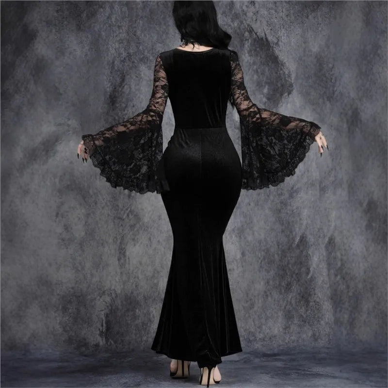 Velvet Gothic Mermaid Dress with Lace Sleeves and Dark Elegance