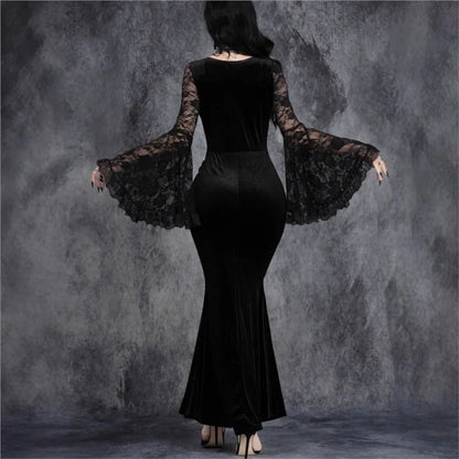 Velvet Gothic Mermaid Dress with Lace Sleeves and Dark Elegance