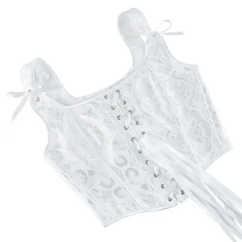 Printed Lace-Up Corset Top with Structured Boning and Adjustable Shoulder Ties