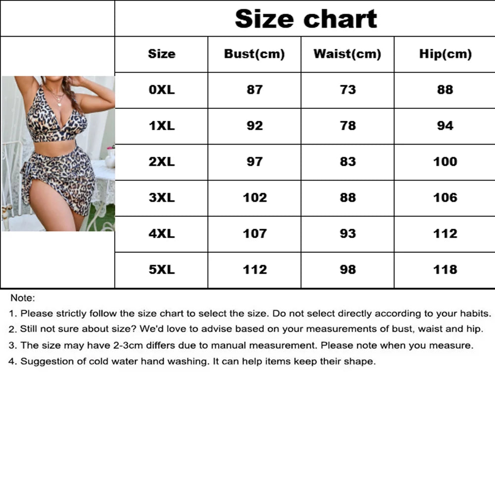 High-Waisted Leopard Print Three-Piece Swim Set with Matching Tie-Side Skirt