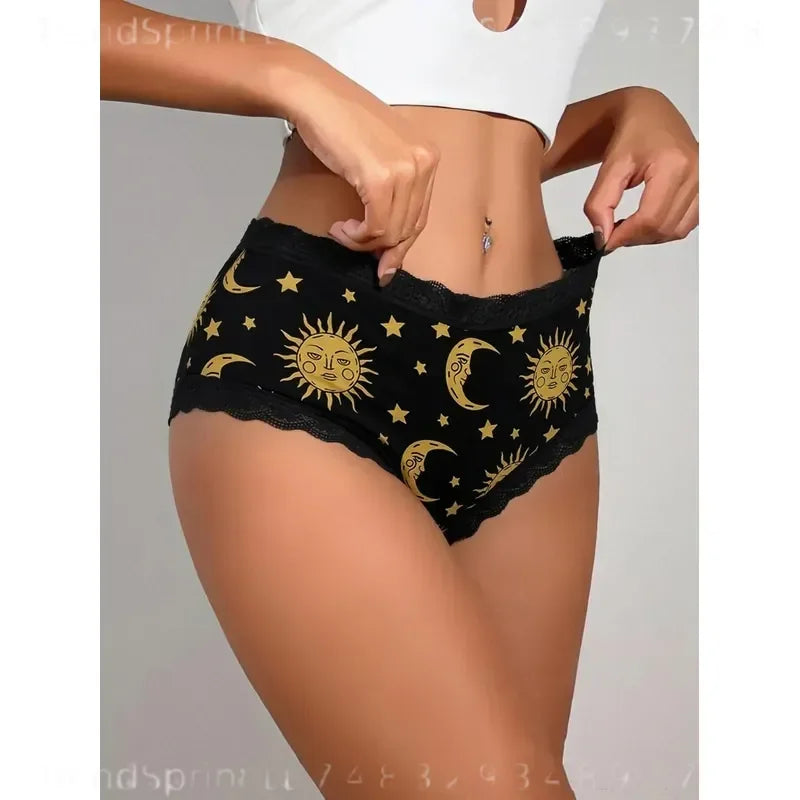 Women’s Black and Gold Lace Briefs with Celestial Sun and Moon-Inspired Details, Decorative Waistband and Alternative Style