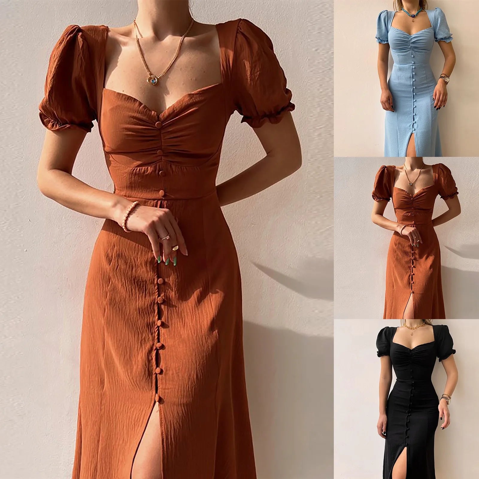 Square Neck Wrap Maxi Dress with Puff Sleeves and Side Split