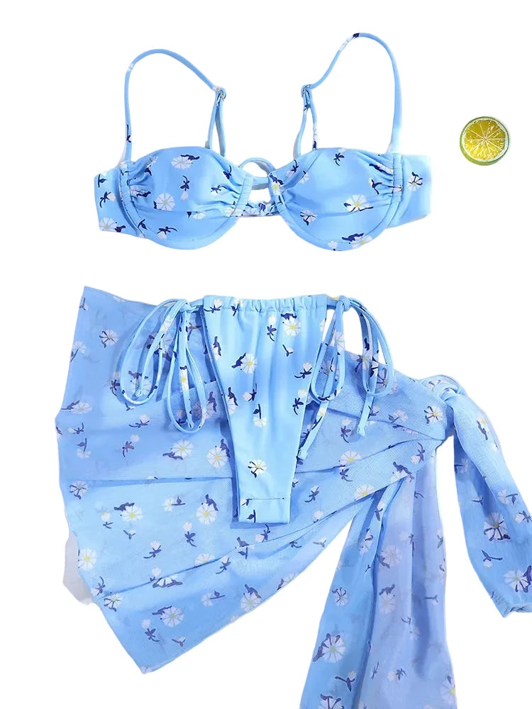 Light Blue Floral Underwire Three-Piece Bikini Set with Fringed Wrap Skirt