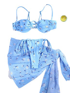 Light Blue Floral Underwire Three-Piece Bikini Set with Fringed Wrap Skirt