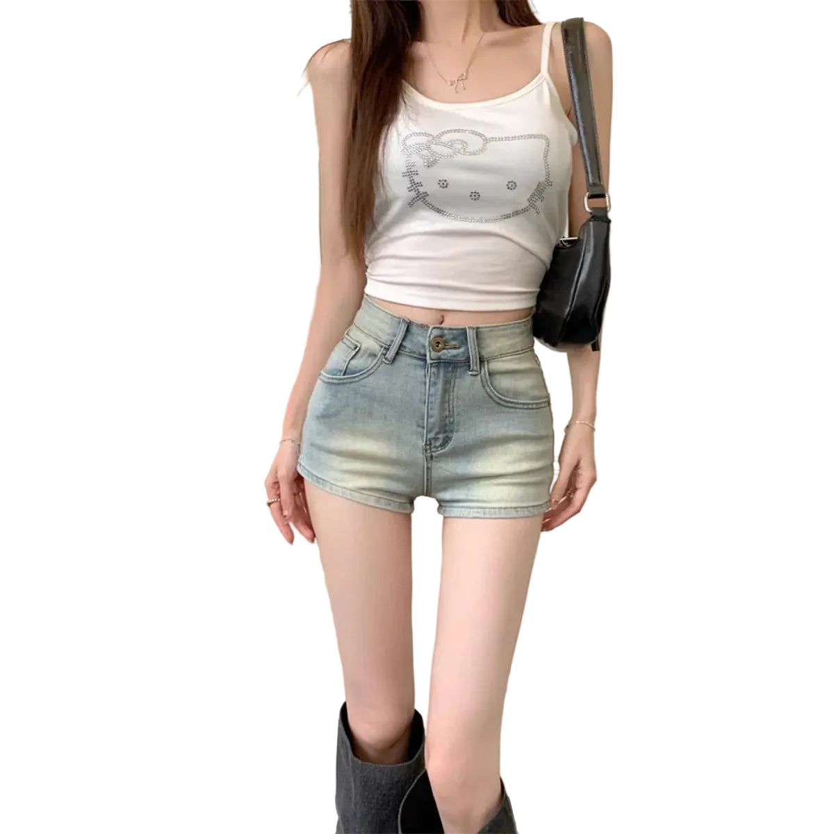Women's High Rise Vintage Inspired Denim Style Shorts with Button Front Casual Streetwear Fit