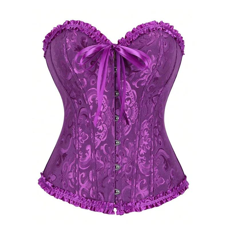 Floral Jacquard Overbust Corset with Sweetheart Neckline and Busk Closure