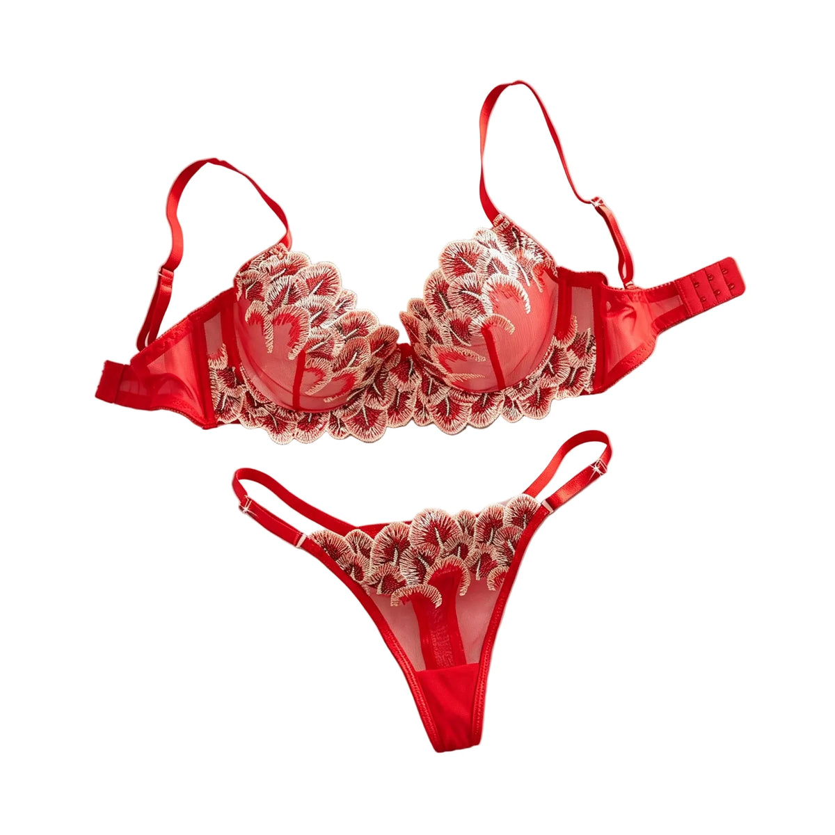 Bold Red Sheer Mesh and Floral Petal Embroidered Lingerie Set