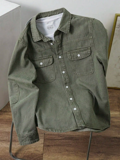 Oversized Washed Denim Button-Up Shirt Jacket with Utility Pocket Streetwear Design
