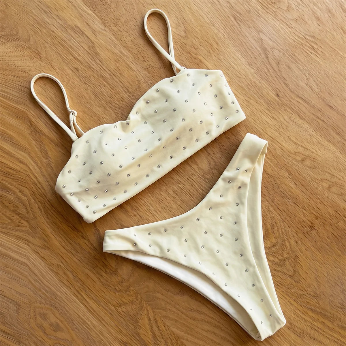 Minimalist Coral Pink Triangle String Bikini with Pearl Embellishments