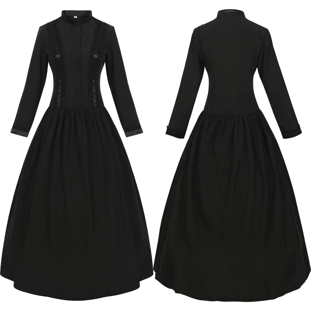 Victorian-Inspired Long Sleeve Black Maxi Dress with High Collar