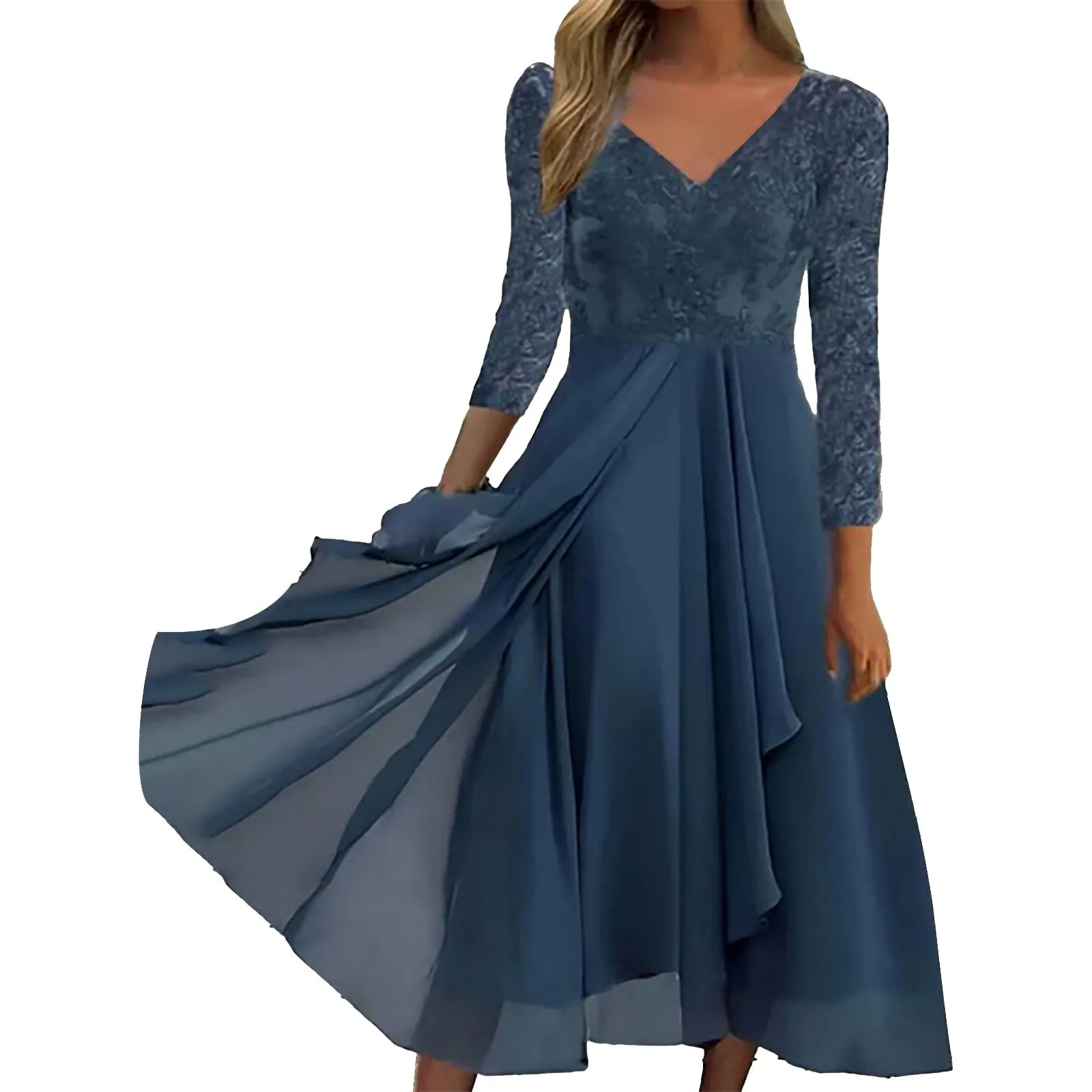 Flowing V Neck Midi Dress With Sheer Lace Sleeve Detailing