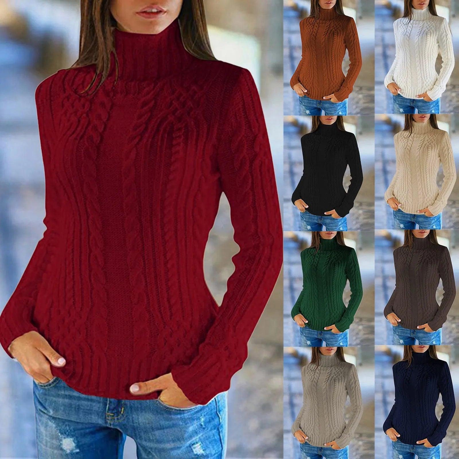 Women's Cable Knit Turtleneck Slim Fit Pullover Sweater With Textured Finish
