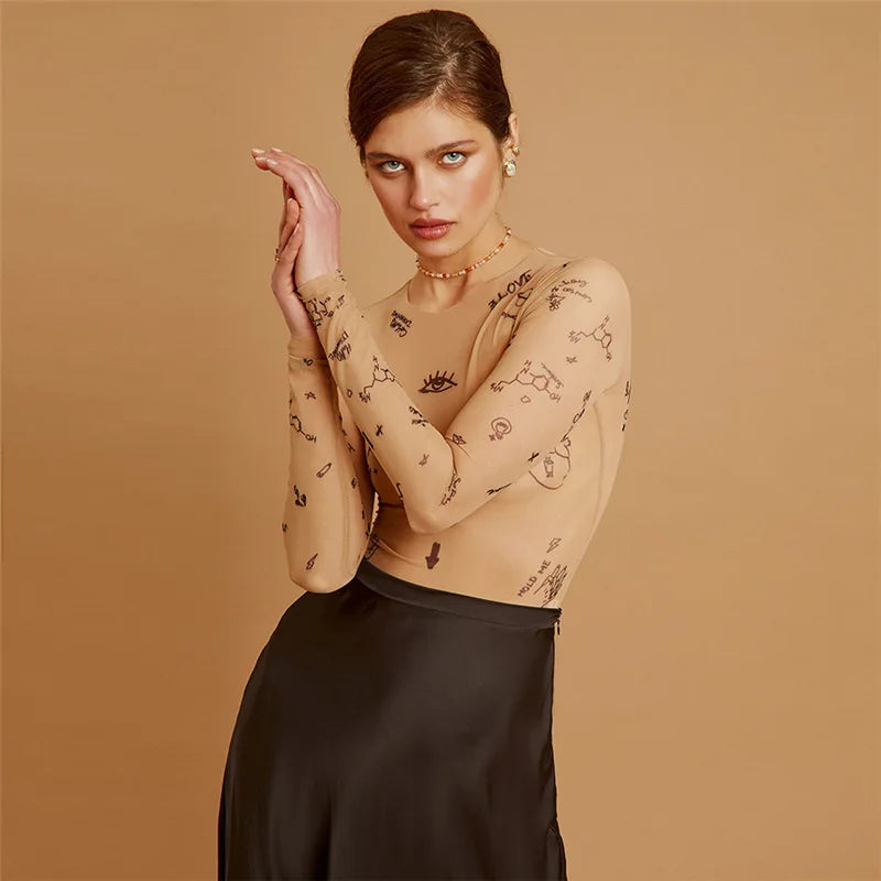 Gothic Printed Long Sleeve Mock Neck Bodycon Bodysuit for Alternative Fashion
