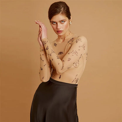 Gothic Printed Long Sleeve Mock Neck Bodycon Bodysuit for Alternative Fashion