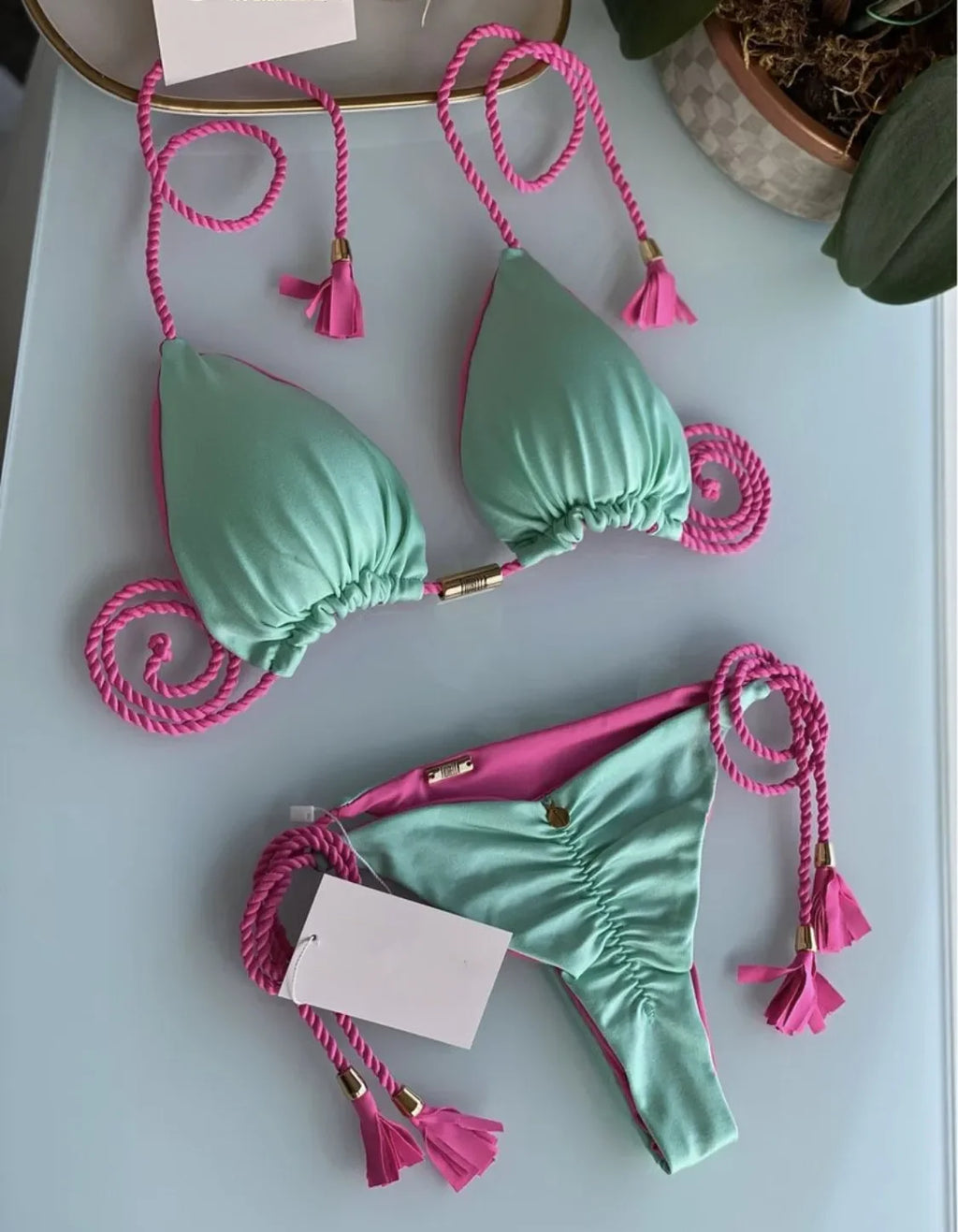 Soft Periwinkle Triangle Bikini Set with Two-Tone Twisted Rope and Tassel Details