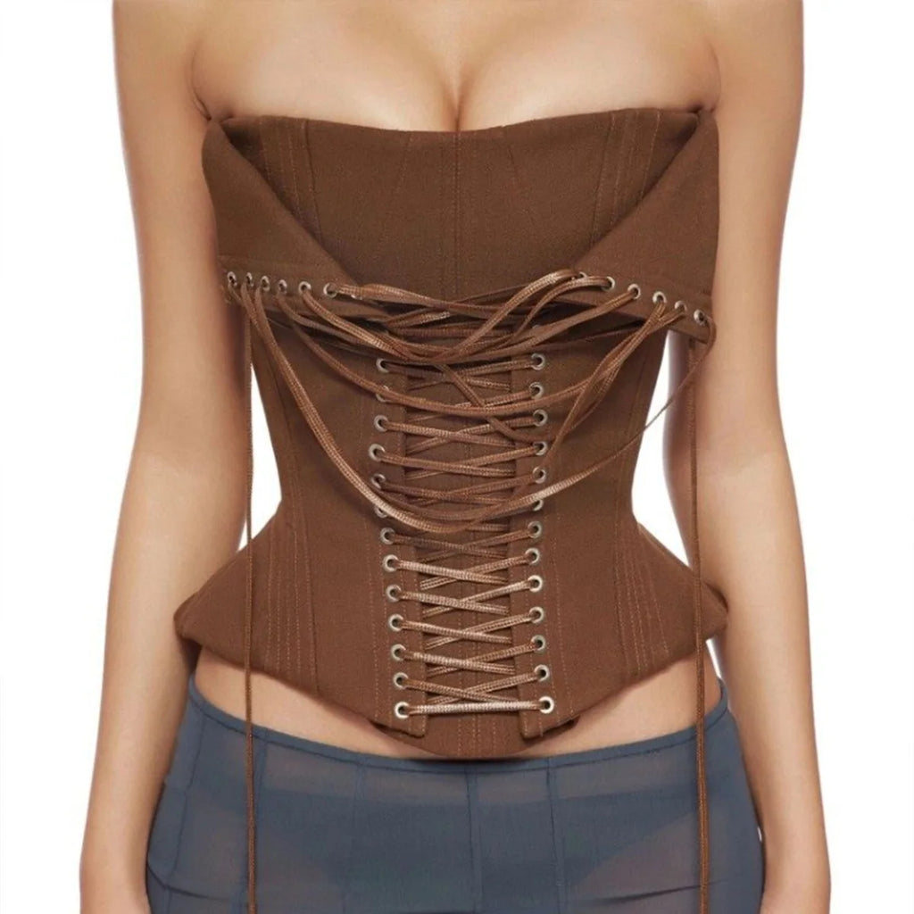 Earthy Brown Ribbed Strapless Corset Top with Dramatic Front Lace-Up Detailing
