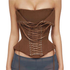 Earthy Brown Ribbed Strapless Corset Top with Dramatic Front Lace-Up Detailing