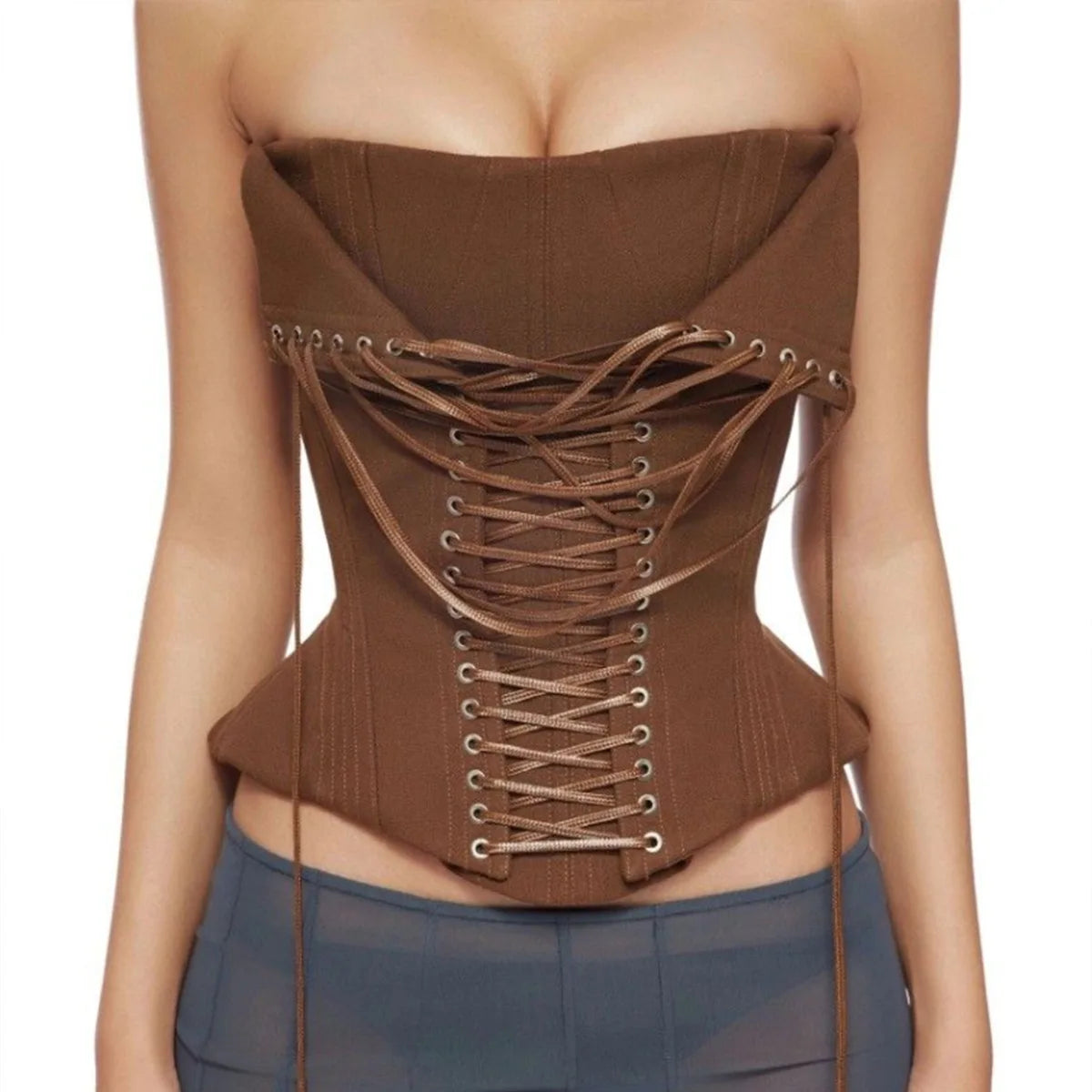 Earthy Brown Ribbed Strapless Corset Top with Dramatic Front Lace-Up Detailing