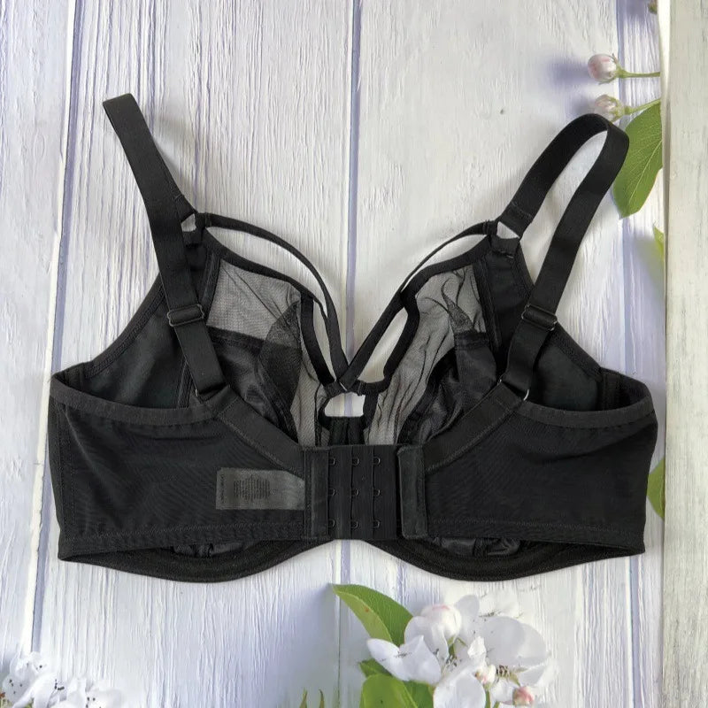 Elegant Sheer Mesh Underwire Minimizer Bra with Strappy Center Detailing