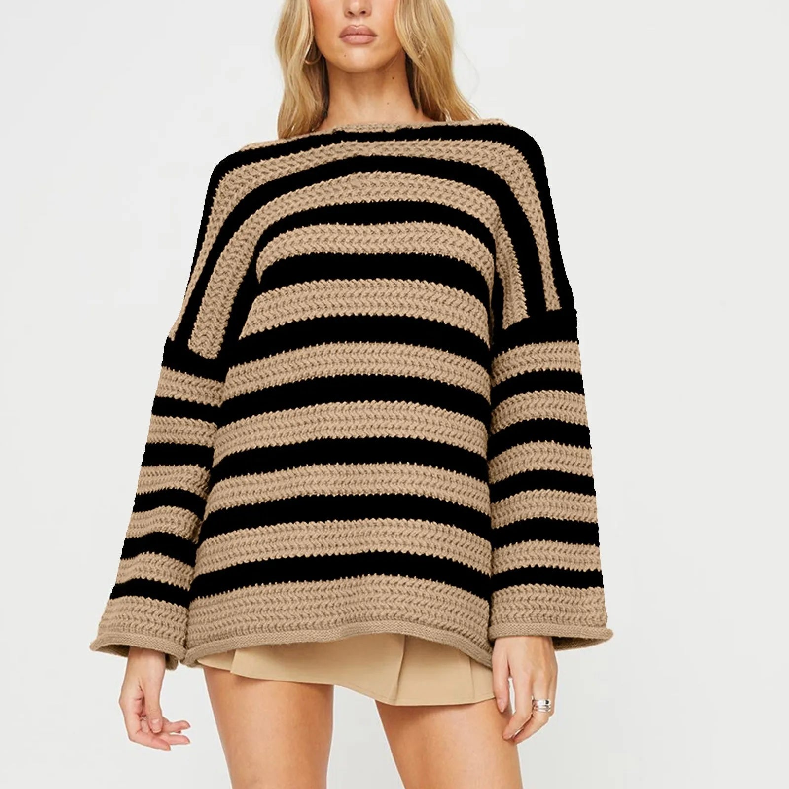 Women's Oversized Striped Crew Neck Relaxed Knit Pullover Sweater With Soft Texture
