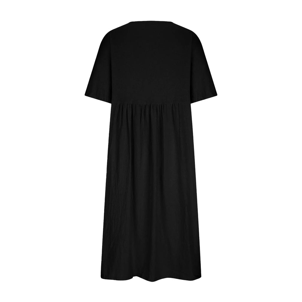 Relaxed A-Line Midi Dress with Short Sleeves and Flowy Everyday Fit