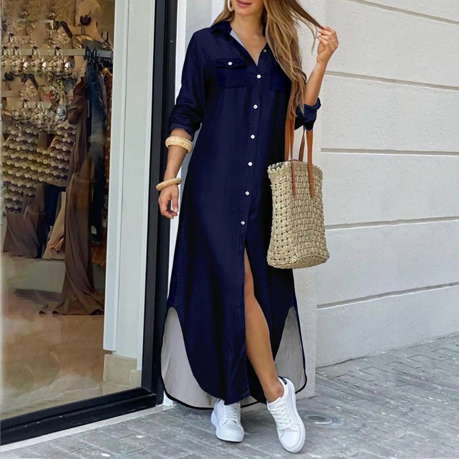 Button Front Shirt Maxi Dress with Relaxed Side Slit Styling