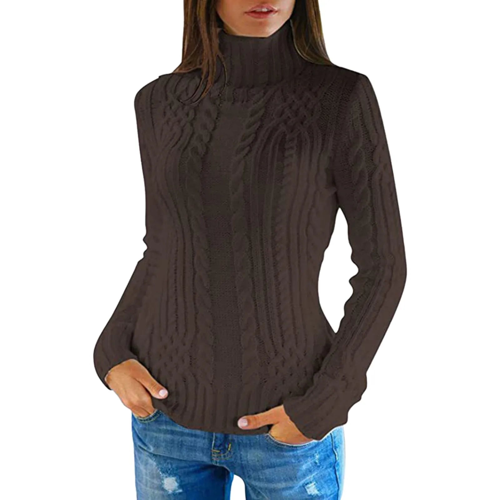 Women's Cable Knit Turtleneck Slim Fit Pullover Sweater With Textured Finish