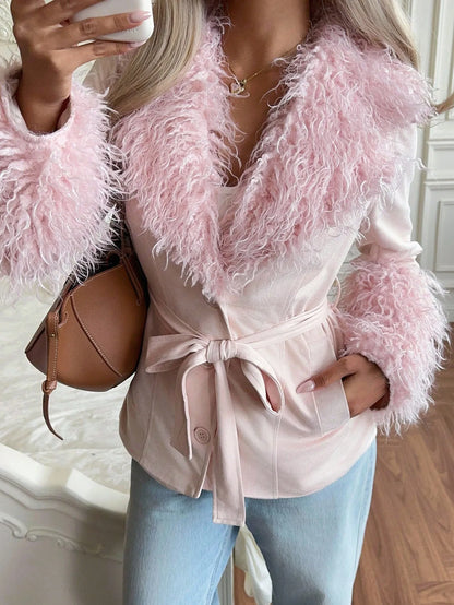 Belted Faux Leather Trim Wrap Jacket with Contemporary Streetwear Styling