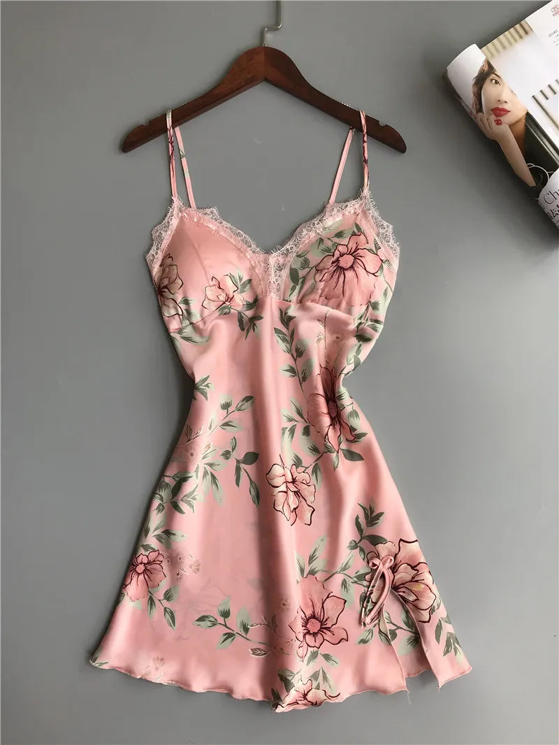 Floral Print Satin-Finish Nightdress with Delicate White Lace Trim
