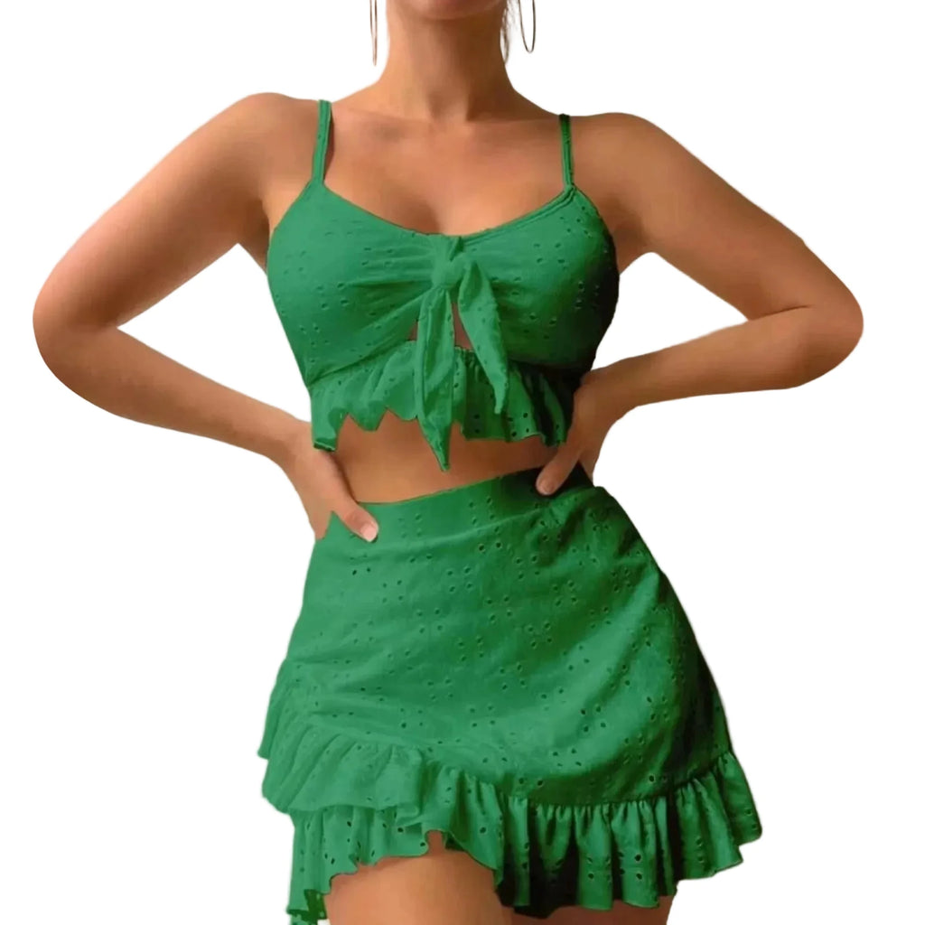 Emerald Green Two-Piece Swimwear Set with Gathered Camisole-Style Top and Layered Ruffle Skirt Cover-Up
