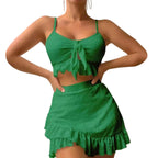 Solid Green Tie-Front Bikini Set with Matching Ruffled Mini Skirt