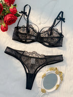 Emerald Green Sheer Mesh Underwire Bra Set with Strappy Neckline Details
