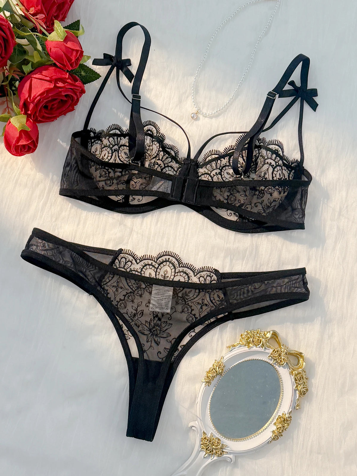 Emerald Green Sheer Mesh Underwire Bra Set with Strappy Neckline Details