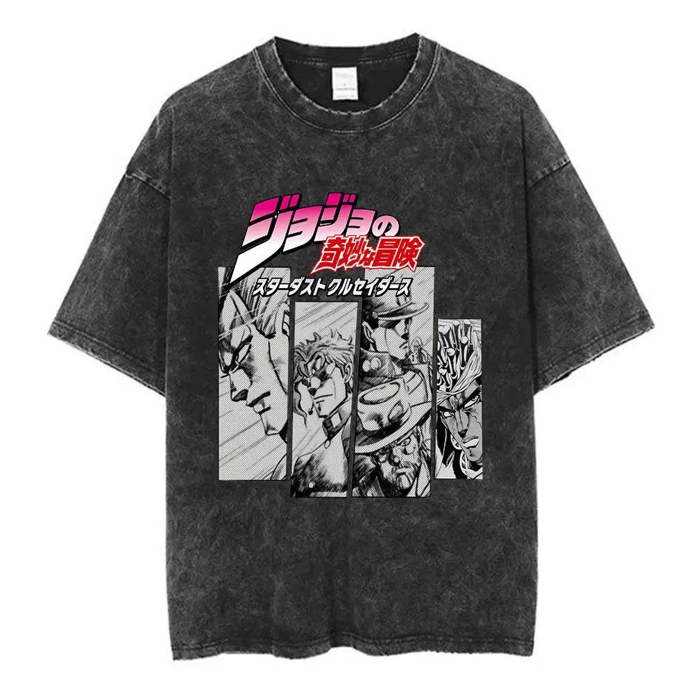 Anime Goth Washed Graphic Tee with Retro Manga Panel Streetwear Design