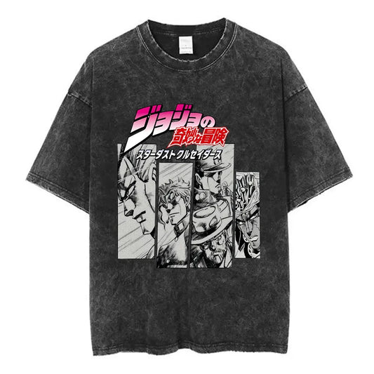 Anime Goth Washed Graphic Tee with Retro Manga Panel Streetwear Design
