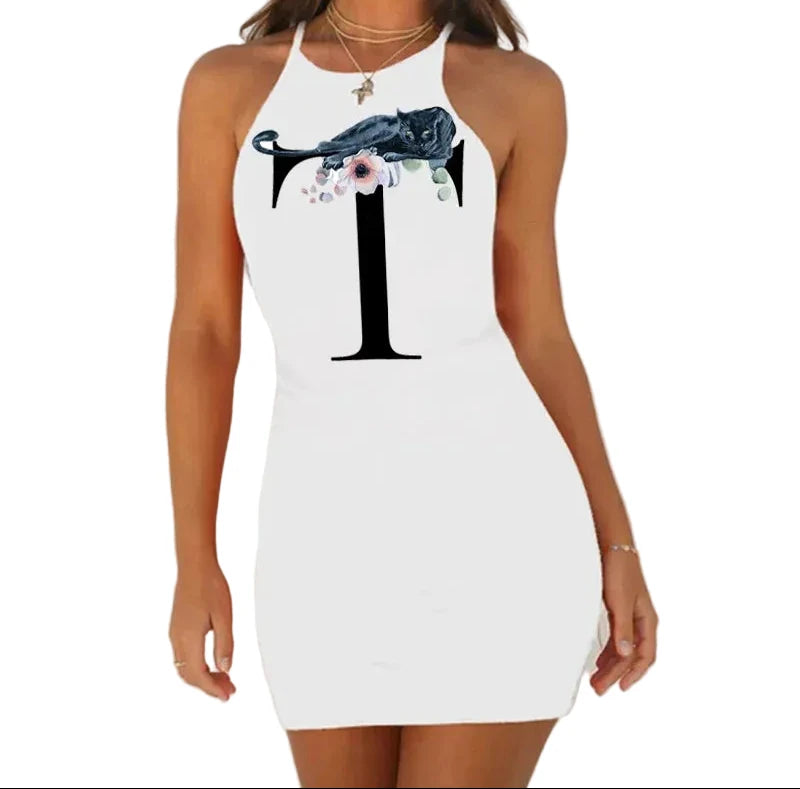 White Sleeveless Mini Nightgown with Bold Black Letter and Graphic Print, Slim Silhouette and Above-Knee Length