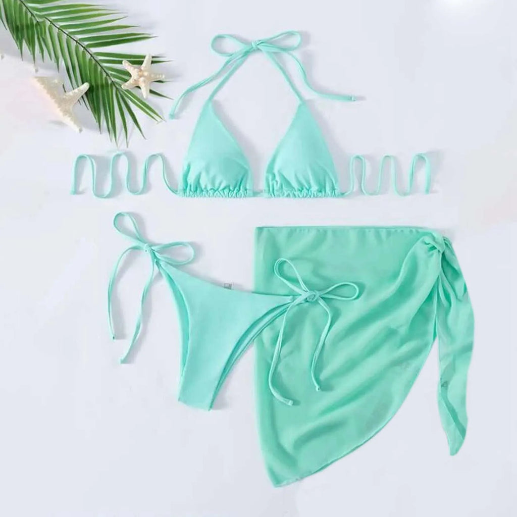 Navy Blue Three-Piece Triangle Bikini Set with Lace-Up Halter Top, Matching Bottom and Coordinated Wrap Skirt