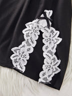 Sleek Black Satin-Finish Chemise with White Lace Appliqué and Matching Panty