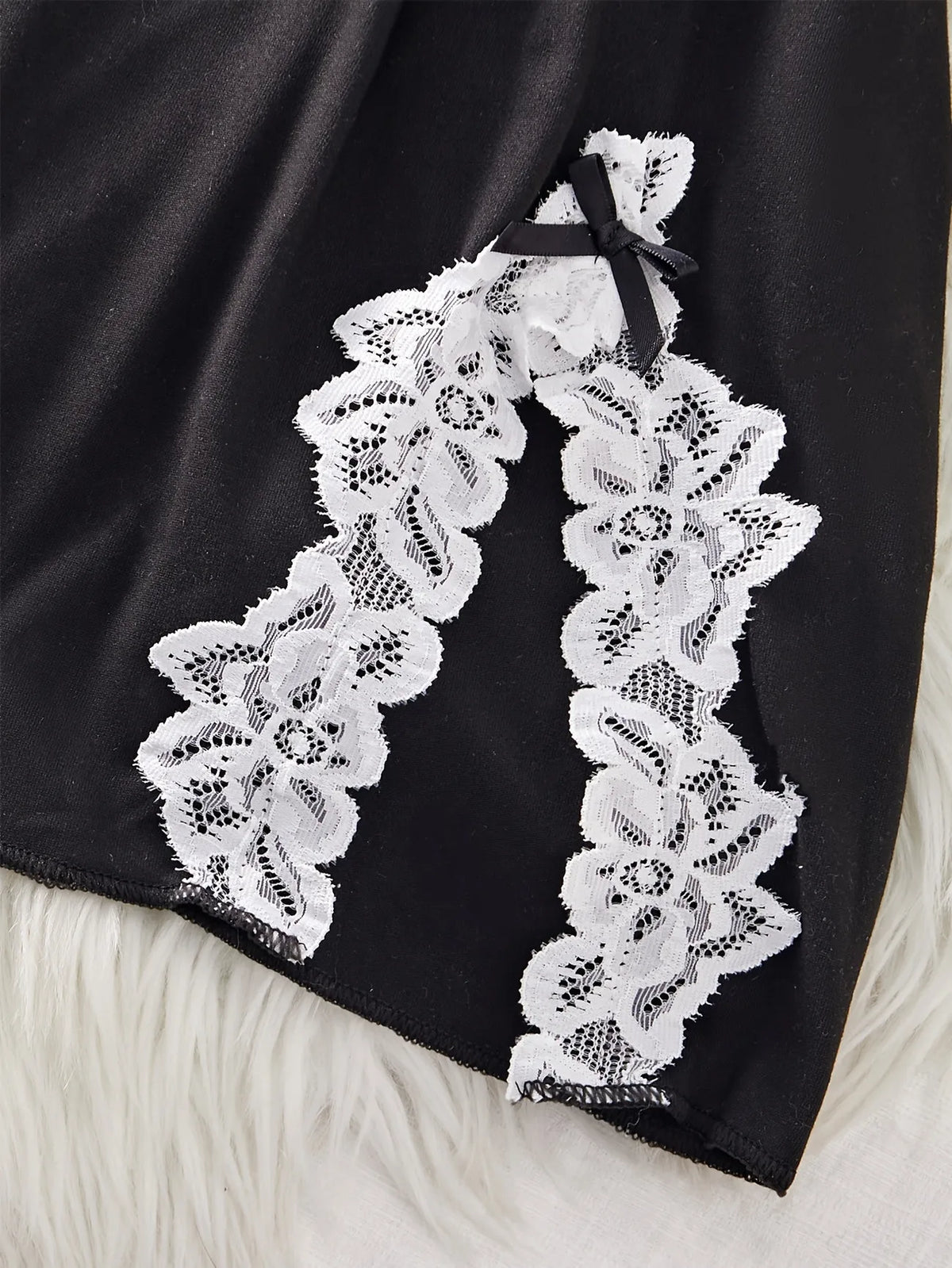Sleek Black Satin-Finish Chemise with White Lace Appliqué and Matching Panty