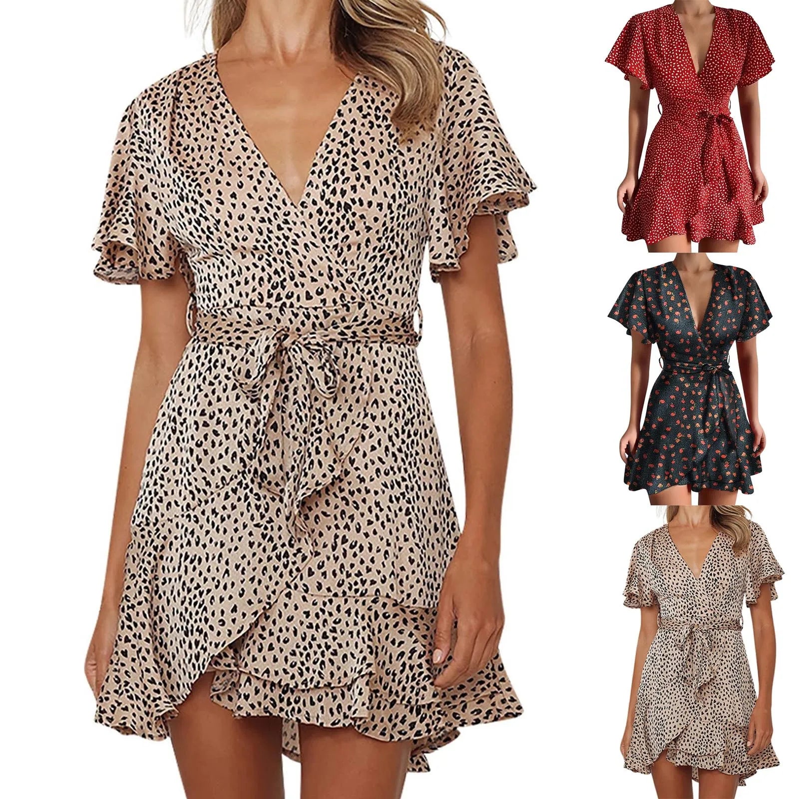 Flutter Sleeve Floral Wrap Style Mini Dress for Vacation and Everyday Wear