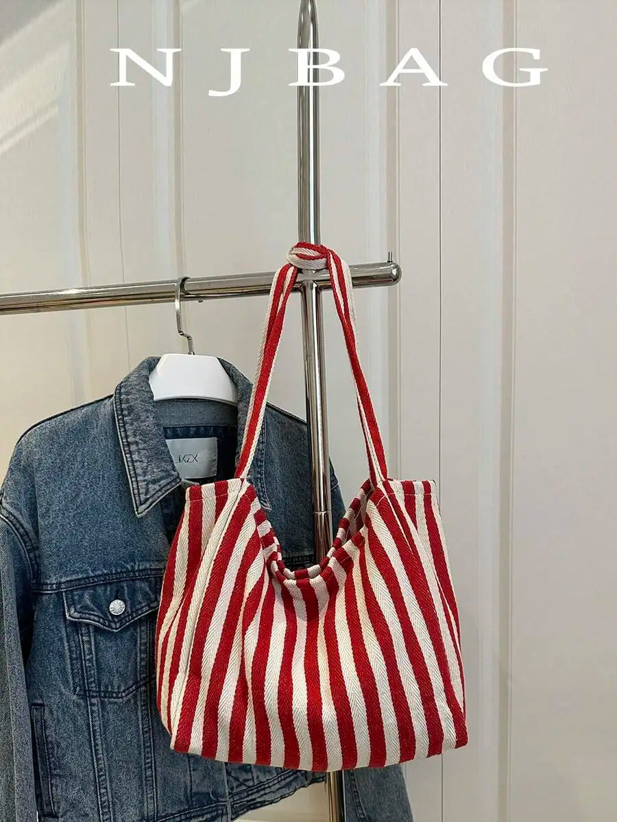 Striped Canvas Tote Bag with Large Capacity Casual Everyday Shoulder Design