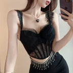 Soft Pink Floral Lace Bustier Tank Top with Ruffled Straps and Center Bow
