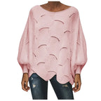 Women's Textured Knit Sweater with Cutout Pattern and Irregular Hem Design