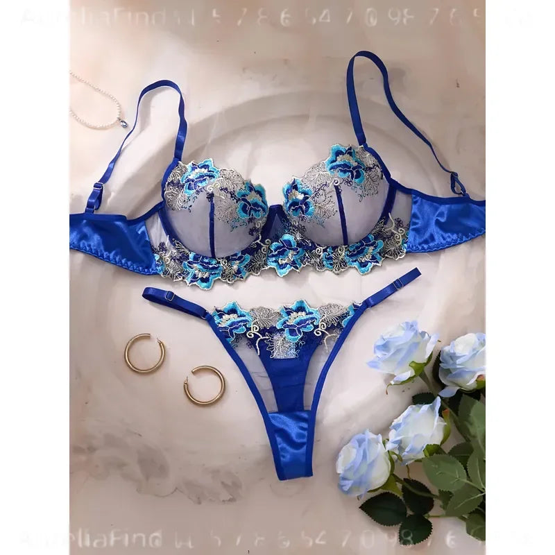 Royal Blue 3D Floral Embroidered Sheer Mesh Balconette Bra and Strappy Thong Set