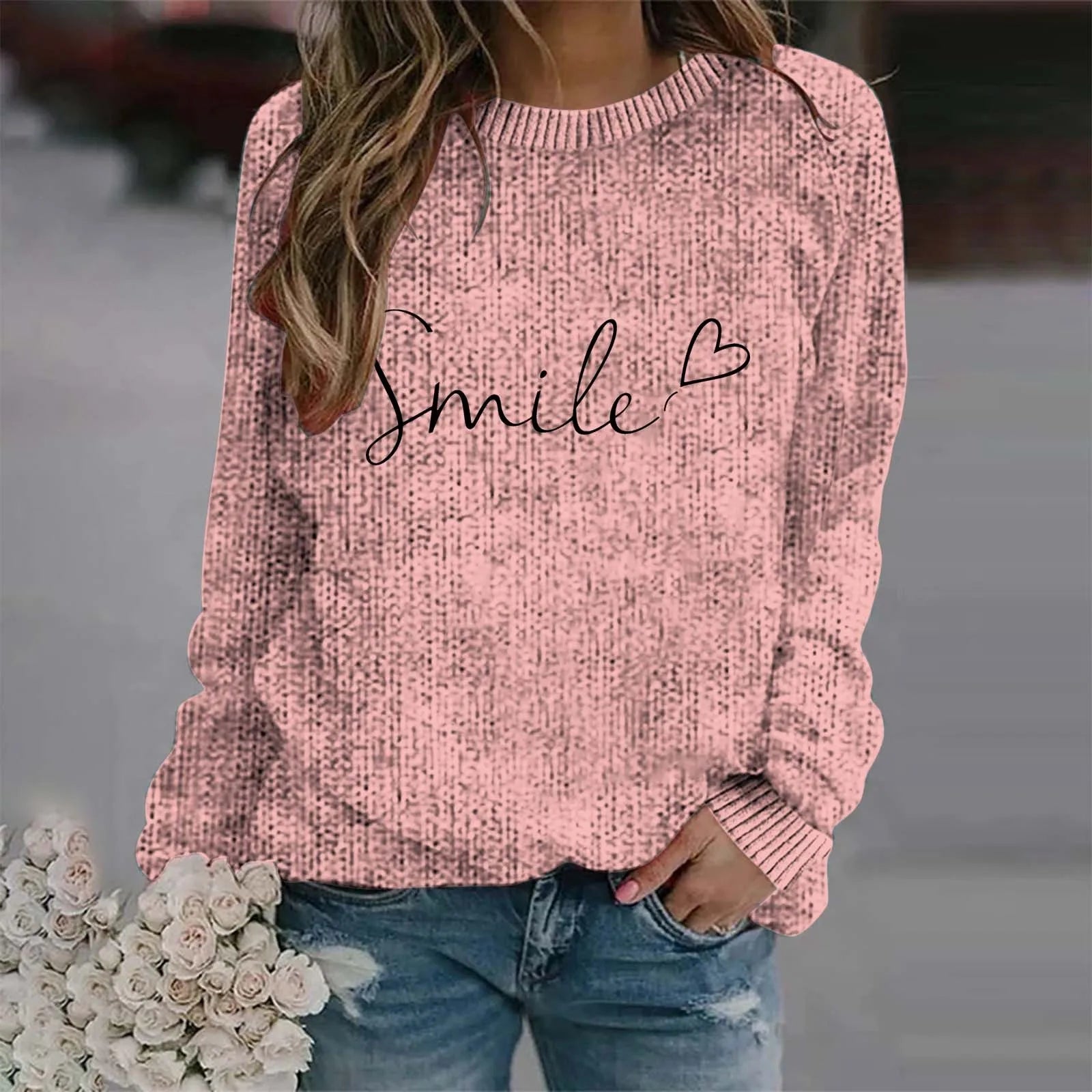 Women's Minimalist Script Graphic Crew Neck Relaxed Knit Pullover Sweater