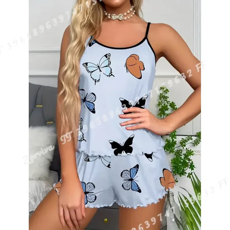 Playful Butterfly Print Camisole and Shorts Sleepwear Set with Contrast Binding